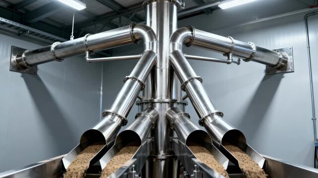 Medium shot capturing a multibranch stainless steel transfer chute distributing byproducts through multiple channels showcasing advanced engineering for minimal contamination in a