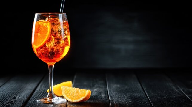 Refreshing aperol spritz with orange slices on dark wooden table.