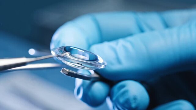 macro video surgical tool delicately holding transparent intraocular lens implant, high-detail surgical lighting, sterile environment reflections metallic instruments depth of field, slow cinematic