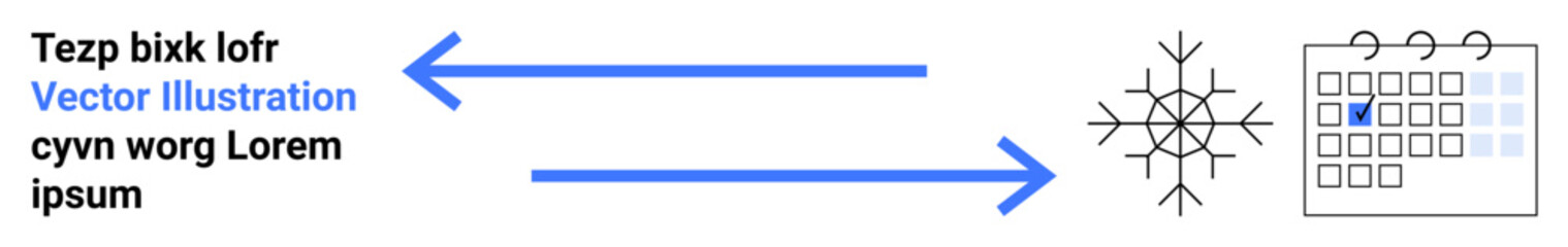 Data flow, planning, scheduling, winter , timelines, information processing. Arrows showing transition from text to snowflake and calendar. Data flow and planning concept