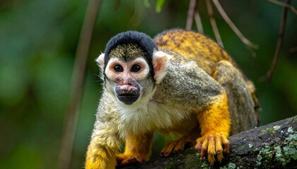 Obraz premium Squirrel Monkey Portrait - Captivating Gaze in Natural Habitat.