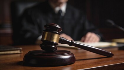 Dramatic Scene of a Judge with Gavel in a Courtroom Setting, Capturing Legal Authority and Justice