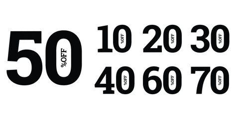 50 to 10 percent discount off now label pop-up banner, icon, sign with different sale percentage. 20, 30, 40, 50, 60, 70 percent off price reduction badge promotion,