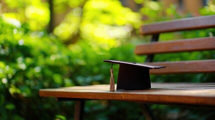 Naklejka premium scholarship. A graduation cap resting on a wooden bench, symbolizing academic success with a soft background. wellbeing guides.