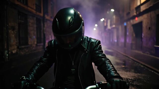 Cinematic 4K video, lone biker wearing matte black helmet leather jacket, looking down, thick swirling smoke neon purple blue lights reflecting off wet asphalt slow-motion drifting fog moody cinematic