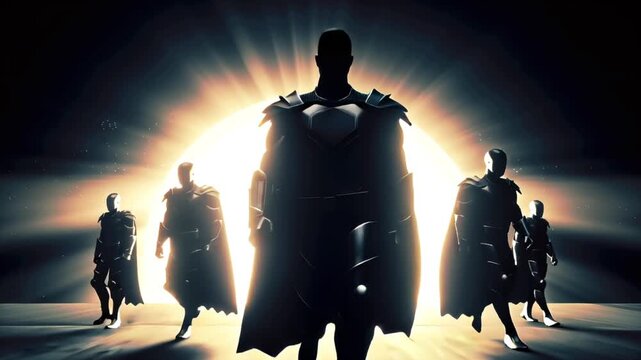 Cinematic 4K video, heroic superhero team silhouettes emerging massive glowing light portal, strong backlight dramatic black silhouettes, five distinct heroic figures capes futuristic armor, god rays