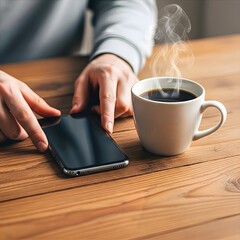 Morning Ritual: A steaming mug of coffee sits beside a smartphone on a rustic wooden table, embodying a moment of tranquil morning solitude.