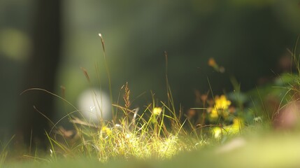 shallow. Lush green spring grass field bathed in morning sunlight, evoking freshness. travel magazines, destination branding, designed for travel destination branding, used by project managers.