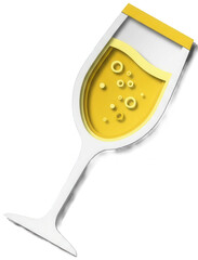 Valentine Paper cut style champagne glass with golden liquid and bubbles on transparent background