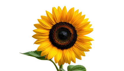 Naklejka premium Sunflower Blossom With Yellow Petals And Green Leaves On Transparent Background For Floral Designs And Summer-Themed Projects Ready For Compositing