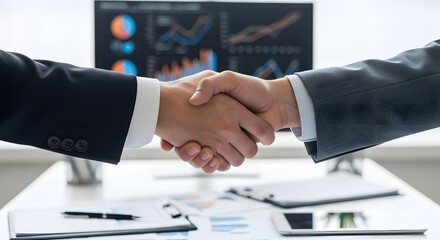 Business professionals shaking hands in office with financial data and analytics on background monitors