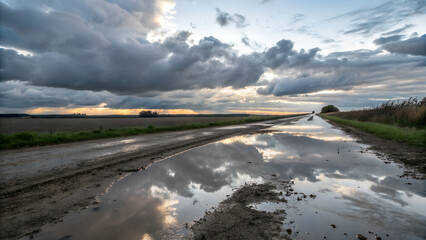 Road Reflected in Puddles – Cloud-filled sky mirrored in muddy rain puddles along the road.