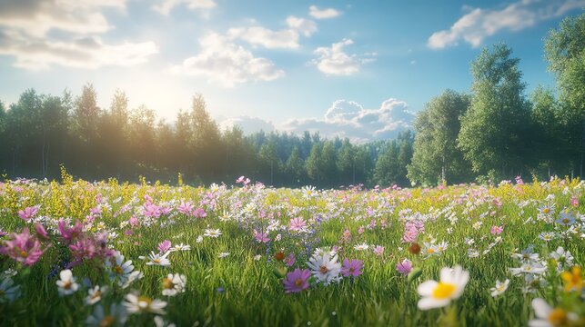 A vibrant meadow bursting with wildflowers under a serene sky.