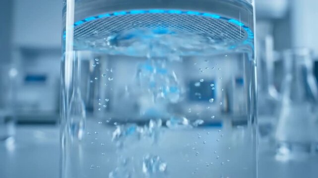 Clinical blue laboratory beaker with rising bubbles and shallow depth of field