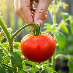 Harvesting the Red Jewel: A close-up shot of a hand delicately picking a ripe, juicy tomato from the vine, showcasing the freshness and vibrant colors of the homegrown produce.