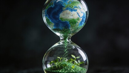 A metaphorical hourglass where the Earth turns into green seeds and sprouts, representing the urgent time we have to act for the environment and the potential for a green rebirth.