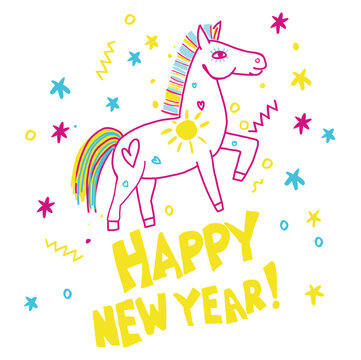 A charming vector greeting card featuring a whimsical horse and sweet congratulations, rendered in a playful, naive art style on a clean white background. 