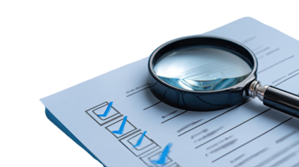 Magnifying glass over completed checklist document with blue check marks quality inspection auditing compliance verification process isolated on white background