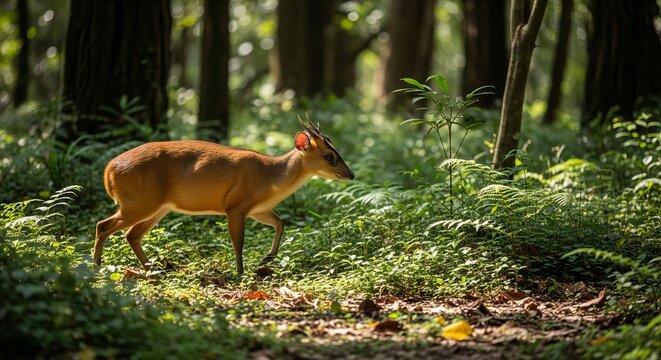 Kijang standing alert in tropical forest habitat, showing slender body and short antlers. A shy deer species native to Southeast Asia, known for its barking call.