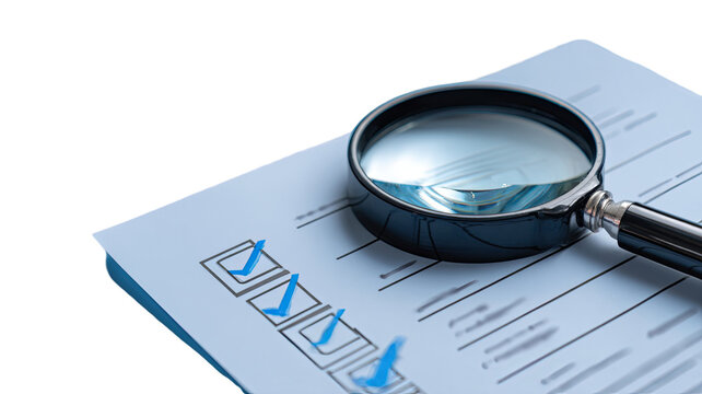 Magnifying glass over completed checklist document with blue check marks quality inspection auditing compliance verification process isolated on white background