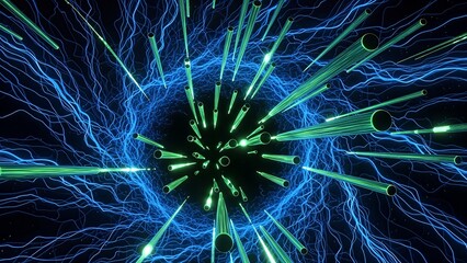 Abstract Energy Tunnel with Blue Lightning and Green Light Beams.