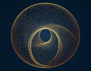An abstract digital rendering shows a golden, lattice-like sphere, with a central tunnel-like hole. The backdrop is a deep navy