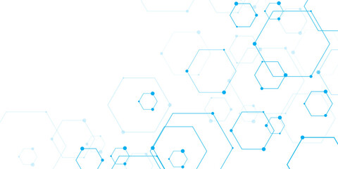Molecular structure abstract tech background. Geometric blue background. Vector banner design with hexagons. Science network pattern, connecting lines and dots Medical background, Vector illustration 