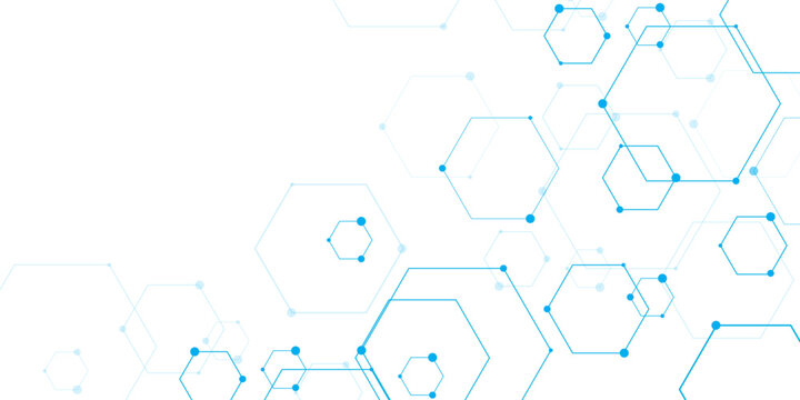 Molecular structure abstract tech background. Geometric blue background. Vector banner design with hexagons. Science network pattern, connecting lines and dots Medical background, Vector illustration	