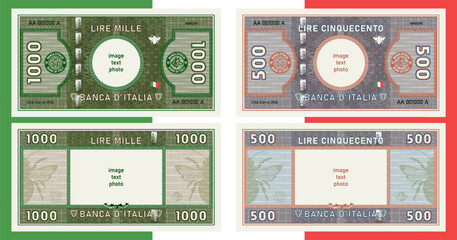 Vector obverse and reverse of new banknotes. In Italian it means five hundred and a thousand lire, bank of Italy. Play money. Denomination 500, 1000. Seals, gear, head wolf and bee. Set sample bills