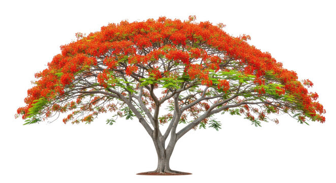 Spectacular flamboyant tree displaying a canopy of bright red-orange flowers and green foliage