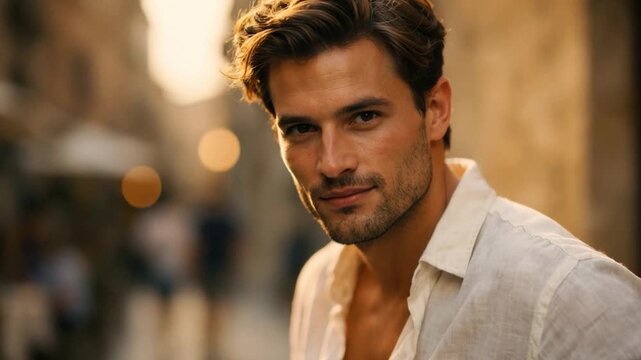 Handsome confident man in a white shirt standing on a city street, captured with shallow depth of field and warm light, conveying modern masculinity and lifestyle portrait style.