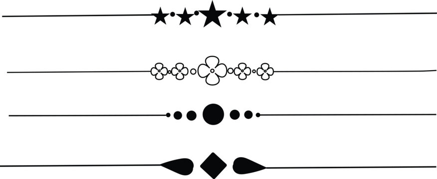 Set of decorative horizontal line dividers with stars, floral shapes, circles, and diamond geometric symbols for page breaks and stationery.