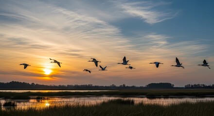 A flock of birds flying over a serene landscape at sunset