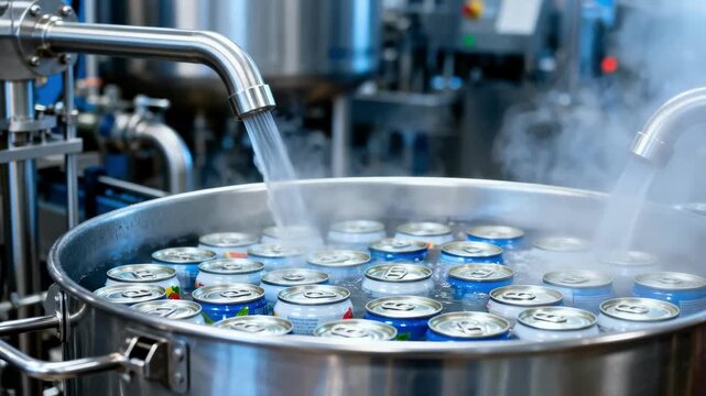 Medium shot capturing stainless vessels in action as they heattreat juice containers in cans focusing on sterilization processes within a controlled pasteurization environment.