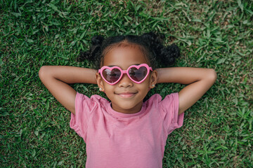 niña afroamericana con coletas, gafas de sol enforma de corazon rosas, tumbada feliz en el cesped