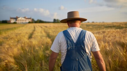 Farmer Walking Through Wheat Field at Sunset - Rural Landscape
