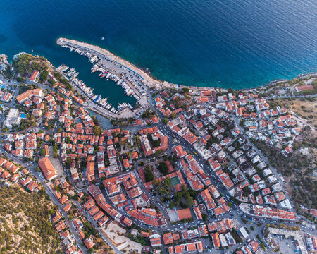 Drone overhead view of Turkish town of Kas and urban landscape