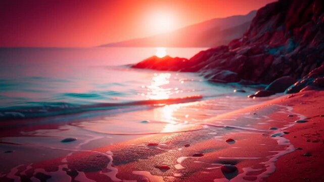 Sunrise or sunset on a beautiful beach in shades of red, blue, and pink &mdash; video