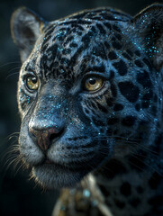 Striking close-up photo of a majestic black jaguar showcasing shimmering dark fur and captivating eyes. 