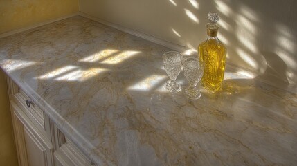 countertop. Elegant wine bottle and crystal-clear glasses on marble countertop with golden lighting. bar promotions, beverage menus, designed for food & beverage menus and cafe branding.