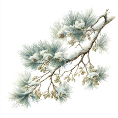 High-quality image of a snow-covered pine branch with natural cones isolated on a clean white background. . made with generative AI
