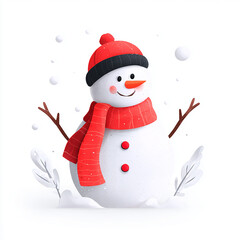 Cute illustration of a happy snowman wearing a red hat and red scarf on a clean white background . made with generative AI
