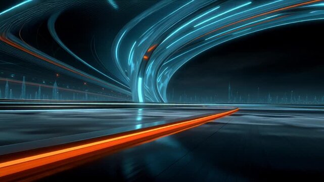 Futuristic Highway Tunnel with Neon Lights and Motion Blur.