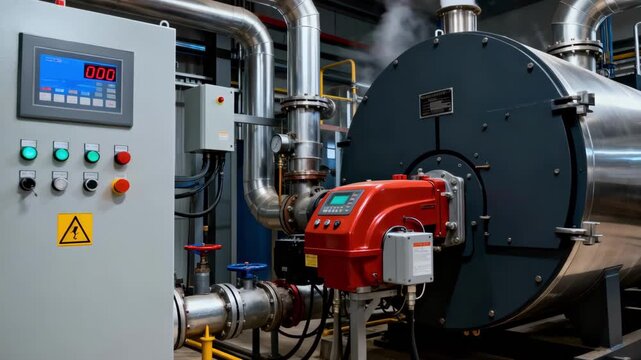 Medium angle of an automated boiler room featuring advanced control panels and steam pipes delivering consistent pressure for refining applications in the manufacturing plant.