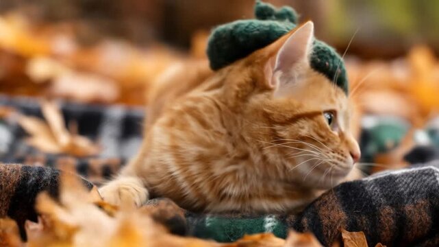 Ginger cat wearing hat surrounded by autumn leaves in natural light