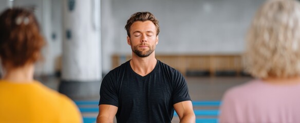 yoga instructor instills peace as a group embraces serenity in meditation session indoors