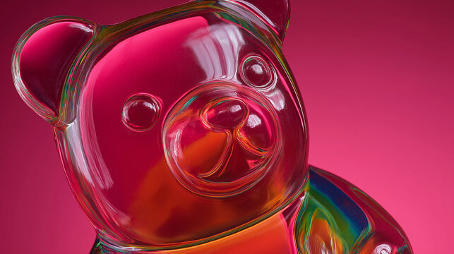 A vibrant, multicolored gummy bear figurine glistening against a pink background, showcasing its glossy texture and playful design.
