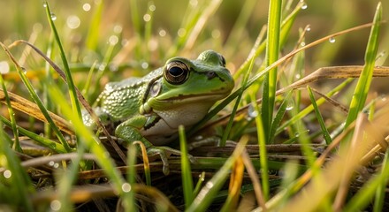 A small green frog sitting in the grass with dew drops on its surroundings
