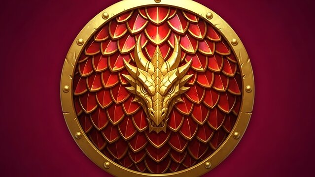 A golden dragon head emblem on a circular shield with red scales and a golden rim, set against a deep reddish-purple background.