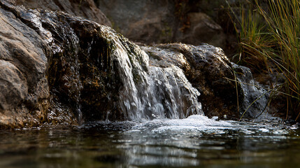 A stream of water is flowing down a wall. The water is clear and has a silvery sheen